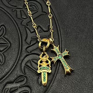 Chrome Hearts gold diamond sword cross double pendant